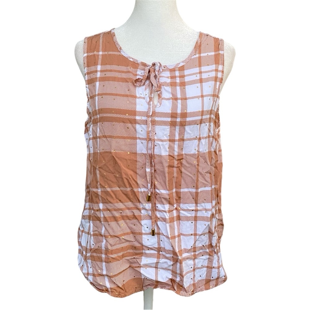 Alex & Parker Grid Patterned Sleeveless Tie Front Top
